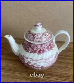Antiques Ceramic Tea Pot Red & White English Countryside Scene Beautiful Vintage