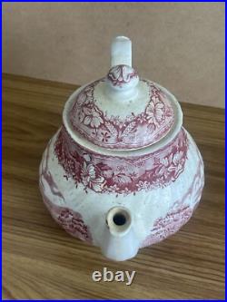 Antiques Ceramic Tea Pot Red & White English Countryside Scene Beautiful Vintage