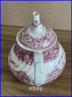 Antiques Ceramic Tea Pot Red & White English Countryside Scene Beautiful Vintage