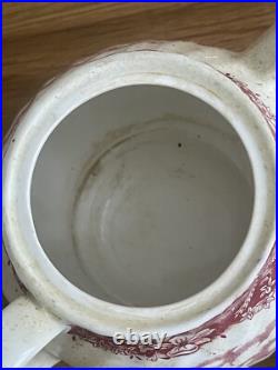Antiques Tea Pot Red & White English Countryside Scene Beautiful Vintage