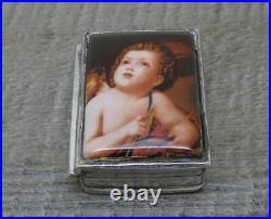 Beautiful Vintage English H/M Sterling Silver Angel Cherub Enamel Pill Box c2001