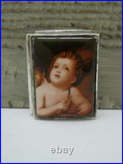 Beautiful Vintage English H/M Sterling Silver Angel Cherub Enamel Pill Box c2001