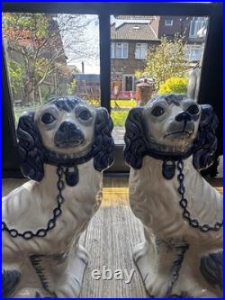Blue And White Ceramic Staffordshire Dog. English Antique Vintage 1920s Decor