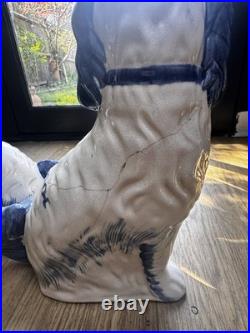 Blue And White Ceramic Staffordshire Dog. English Antique Vintage 1920s Decor
