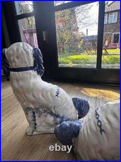 Blue And White Ceramic Staffordshire Dog. English Antique Vintage 1920s Decor
