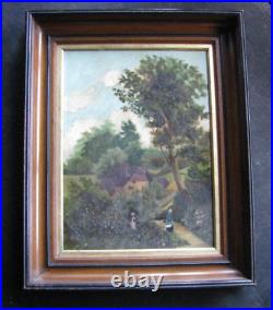 C1840s LADIES in FLOWER GARDEN NEW YORK/ENGLISH FARM HOME Oil Painting ANTIQUE