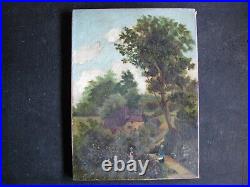 C1840s LADIES in FLOWER GARDEN NEW YORK/ENGLISH FARM HOME Oil Painting ANTIQUE