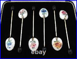 Cased Vintage Sterling Silver Gilt English Floral Enamel Tea Coffee Bean Spoons