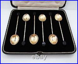 Cased Vintage Sterling Silver Gilt English Floral Enamel Tea Coffee Bean Spoons