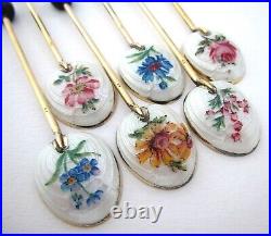 Cased Vintage Sterling Silver Gilt English Floral Enamel Tea Coffee Bean Spoons