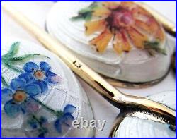 Cased Vintage Sterling Silver Gilt English Floral Enamel Tea Coffee Bean Spoons