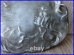 Circa 1890 Arts & Crafts Visitng Card Tray Silver Plate Art Nouveau Lady Vintage