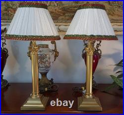 Corinthian Column Antique/Vintage Georgian Style Brass Table Lamps + Lampshades