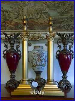 Corinthian Column Antique/Vintage Georgian Style Brass Table Lamps + Lampshades