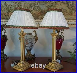 Corinthian Column Antique/Vintage Georgian Style Brass Table Lamps + Lampshades