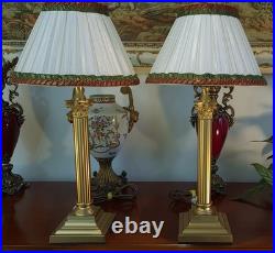 Corinthian Column Antique/Vintage Georgian Style Brass Table Lamps + Lampshades