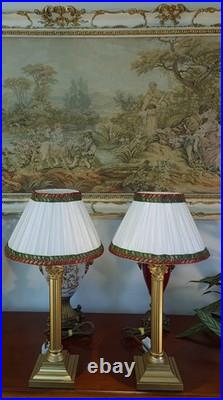 Corinthian Column Antique/Vintage Georgian Style Brass Table Lamps + Lampshades