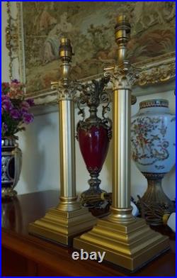 Corinthian Column Antique/Vintage Georgian Style Brass Table Lamps + Lampshades