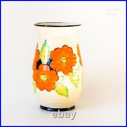ENGLISH Vintage Antique Clarice Cliff Style Art Deco Vase with Orange Flowers