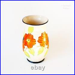 ENGLISH Vintage Antique Clarice Cliff Style Art Deco Vase with Orange Flowers