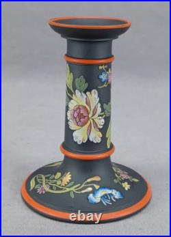 Early 19th Century Wedgwood Enameled & Gilt Floral Black Basalt Candlestick