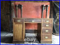 English Antique Medium Oak Vintage Pedestal Black Leather Writing Desk c1900's