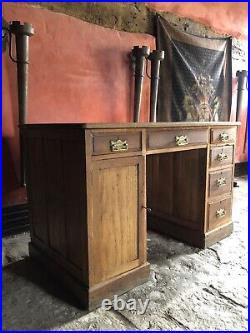 English Antique Medium Oak Vintage Pedestal Black Leather Writing Desk c1900's