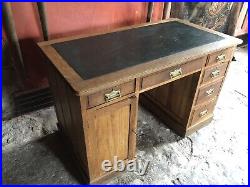 English Antique Medium Oak Vintage Pedestal Black Leather Writing Desk c1900's