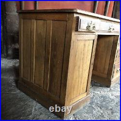 English Antique Medium Oak Vintage Pedestal Black Leather Writing Desk c1900's