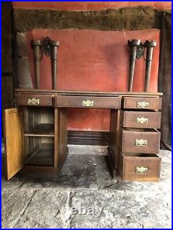 English Antique Medium Oak Vintage Pedestal Black Leather Writing Desk c1900's