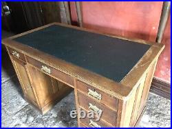 English Antique Medium Oak Vintage Pedestal Black Leather Writing Desk c1900's