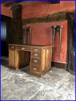 English Antique Medium Oak Vintage Pedestal Black Leather Writing Desk c1900's