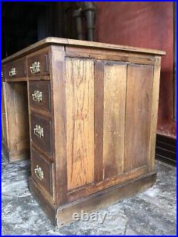 English Antique Medium Oak Vintage Pedestal Black Leather Writing Desk c1900's