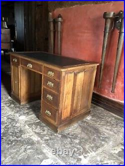 English Antique Medium Oak Vintage Pedestal Black Leather Writing Desk c1900's