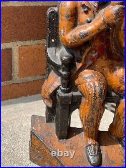 English Antique Vintage Cast Iron Man in Chair Hoisting Ale Mug Doorstop