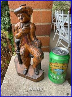 English Antique Vintage Cast Iron Man in Chair Hoisting Ale Mug Doorstop