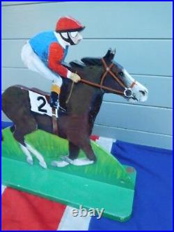 English Antique Vintage Hand Painted Wooden Horse Racing Jockey And Silks