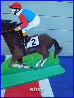 English Antique Vintage Hand Painted Wooden Horse Racing Jockey And Silks