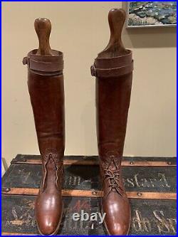 English Leather Hunting Riding Boots With Wooden Boot Trees Vintage Antique