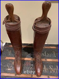 English Leather Hunting Riding Boots With Wooden Boot Trees Vintage Antique