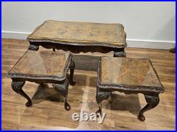 English Queen Anne Style Nest of 3 Burr Walnut & Glass Coffee Table