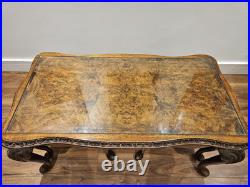 English Queen Anne Style Nest of 3 Burr Walnut & Glass Coffee Table