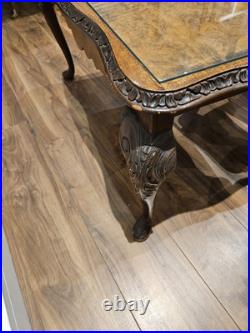 English Queen Anne Style Nest of 3 Burr Walnut & Glass Coffee Table