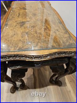 English Queen Anne Style Nest of 3 Burr Walnut & Glass Coffee Table