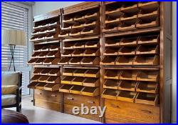 Exceptional 1930s English Oak Vintage Haberdashery Cabinets by Dudley & Co