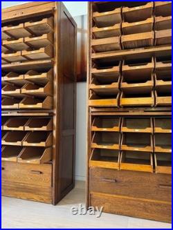 Exceptional 1930s English Oak Vintage Haberdashery Cabinets by Dudley & Co