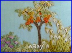 Exquisite Vintage Hand Embroidered Panel Crinoline Lady Cottage Garden Flowers