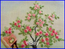 Exquisite Vintage Hand Embroidered Picture Panel Crinoline Lady Cottage Garden