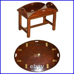 Fine Vintage English Mahogany & Brass Butlers Tray Table With Folding Sides