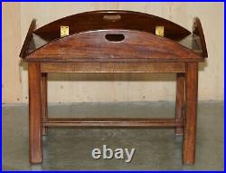 Fine Vintage English Mahogany & Brass Butlers Tray Table With Folding Sides